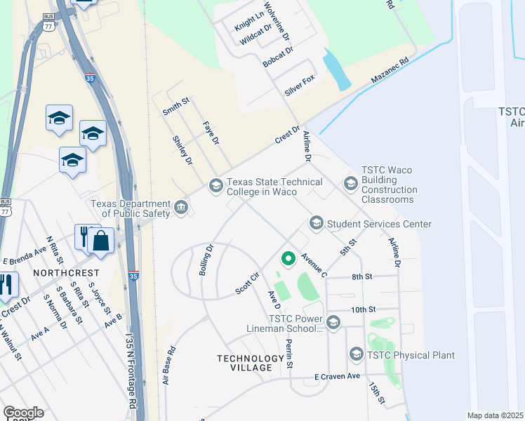 map of restaurants, bars, coffee shops, grocery stores, and more near 2010 Campus Drive in Waco