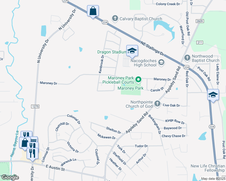 map of restaurants, bars, coffee shops, grocery stores, and more near 4101 Ridgebrook Drive in Nacogdoches