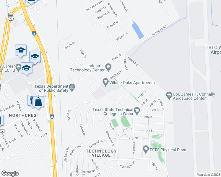 map of restaurants, bars, coffee shops, grocery stores, and more near 2010 Campus Drive in Waco