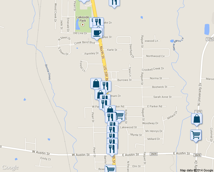 map of restaurants, bars, coffee shops, grocery stores, and more near 3914 North Street in Nacogdoches