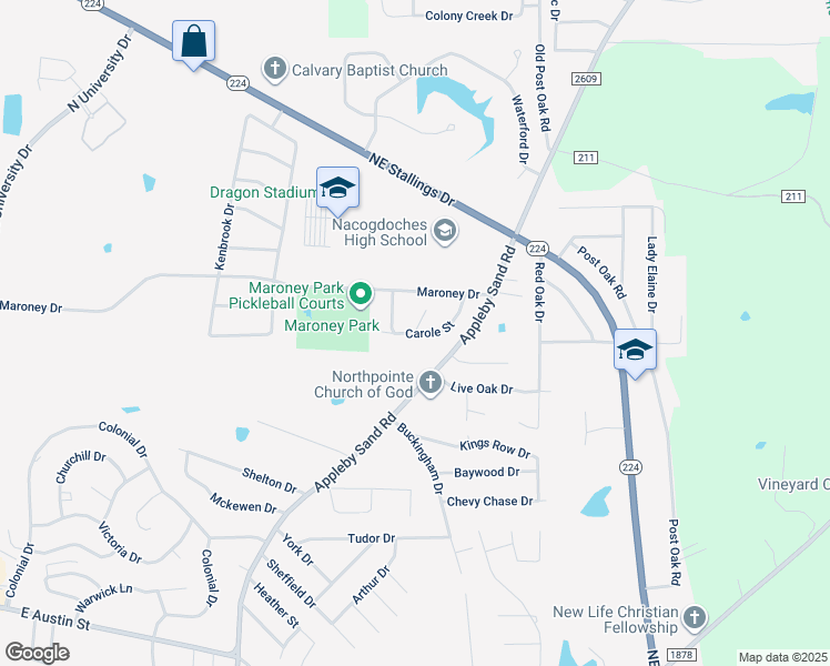 map of restaurants, bars, coffee shops, grocery stores, and more near 4100 Carla Street in Nacogdoches