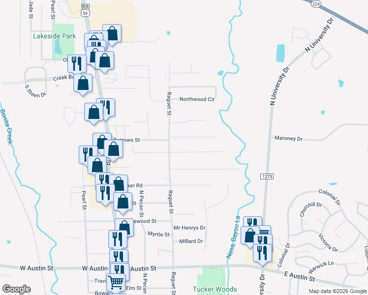 map of restaurants, bars, coffee shops, grocery stores, and more near 601 Bostwick Street in Nacogdoches