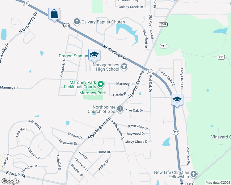 map of restaurants, bars, coffee shops, grocery stores, and more near 4101 Carla Street in Nacogdoches