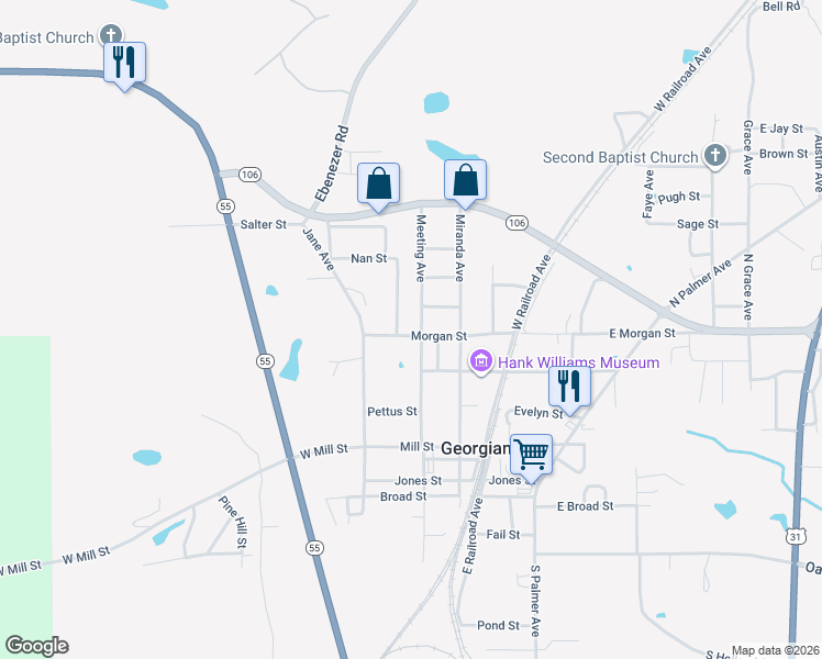 map of restaurants, bars, coffee shops, grocery stores, and more near 212 Morgan Street in Georgiana