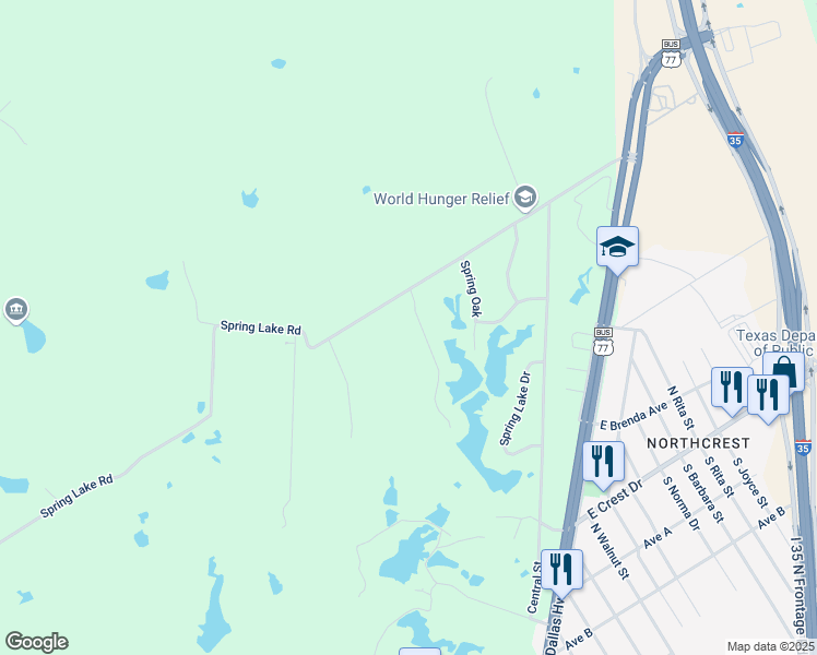 map of restaurants, bars, coffee shops, grocery stores, and more near 105 Spring Creek Street in Waco