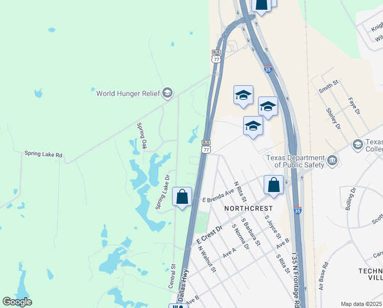 map of restaurants, bars, coffee shops, grocery stores, and more near 20 Addie Lane in Waco