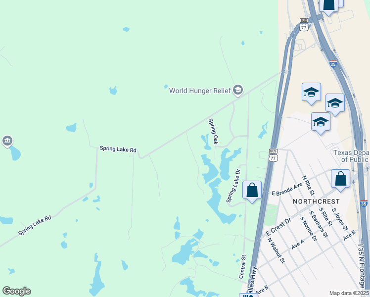 map of restaurants, bars, coffee shops, grocery stores, and more near 105 Spring Creek Street in Waco