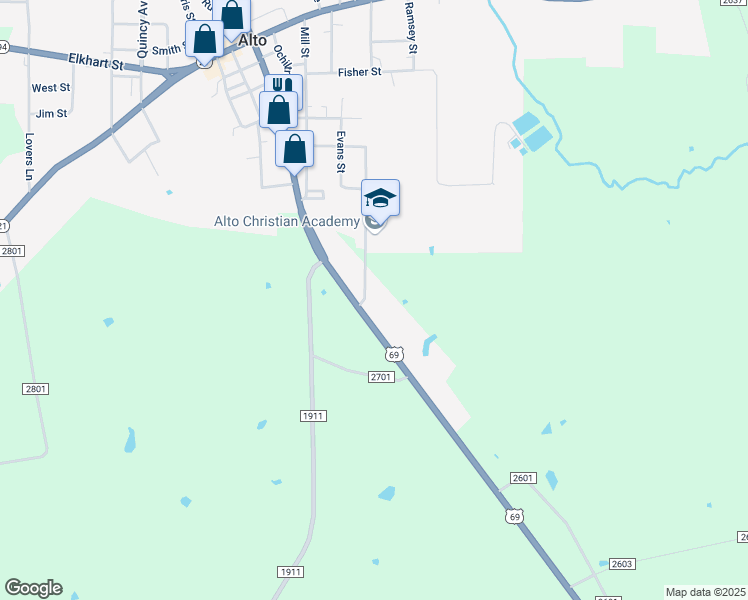 map of restaurants, bars, coffee shops, grocery stores, and more near 557 Maggie Sessions Street in Alto