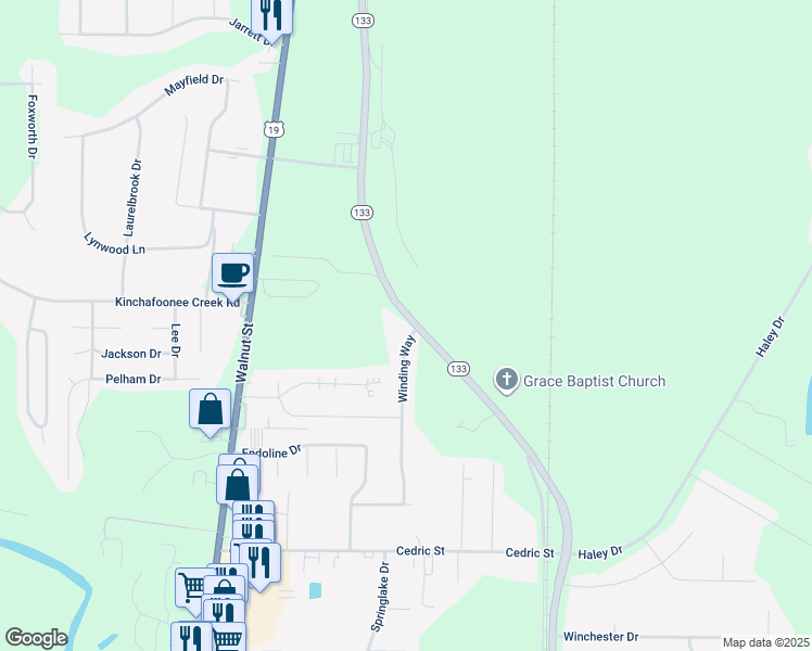 map of restaurants, bars, coffee shops, grocery stores, and more near 104 Winding Way in Leesburg