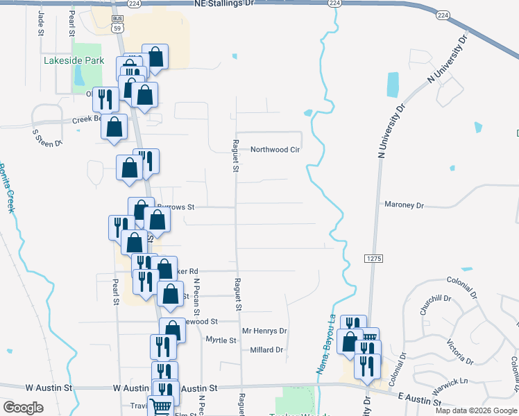 map of restaurants, bars, coffee shops, grocery stores, and more near 601 Bostwick Street in Nacogdoches