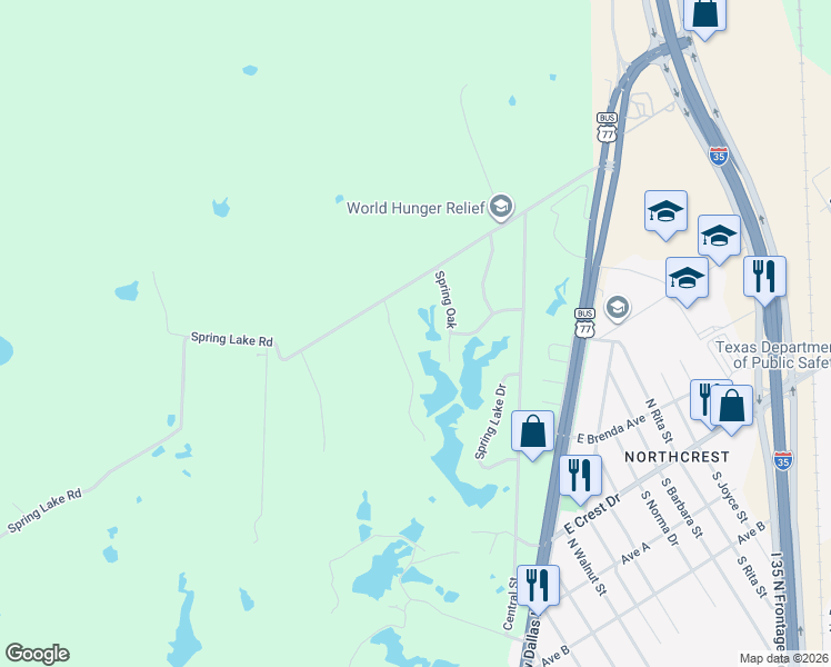 map of restaurants, bars, coffee shops, grocery stores, and more near 110 Spring Creek Street in Waco