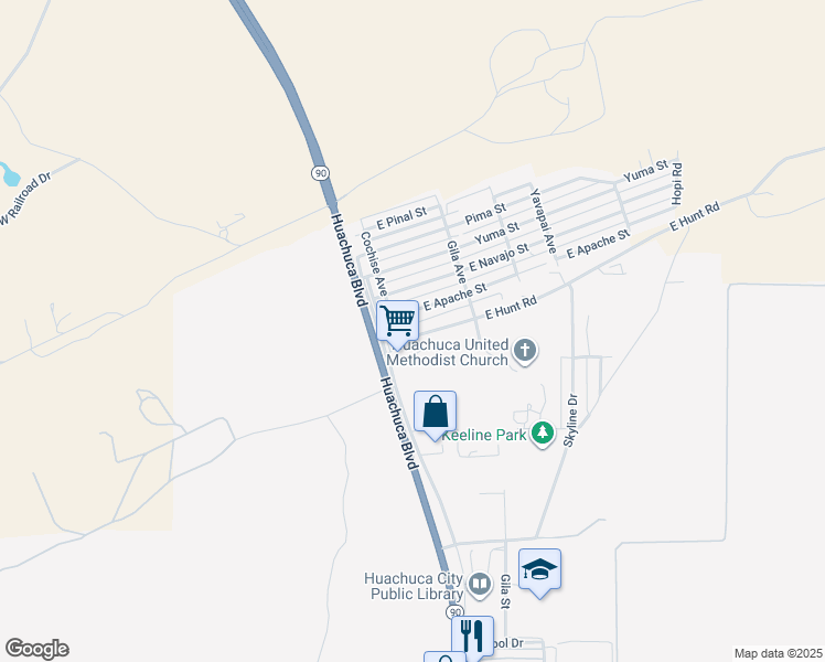 map of restaurants, bars, coffee shops, grocery stores, and more near 105 South Santa Cruz Road in Huachuca City