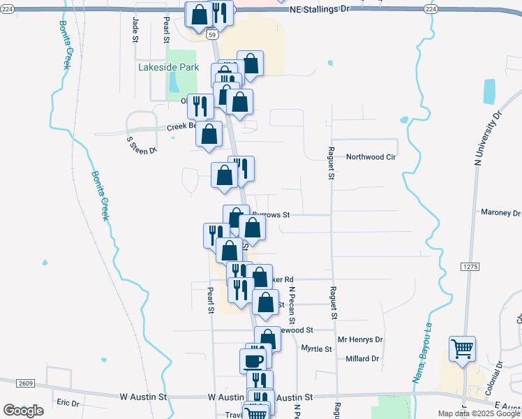map of restaurants, bars, coffee shops, grocery stores, and more near 3914 North Street in Nacogdoches