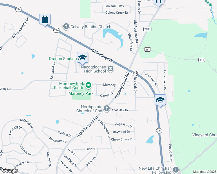 map of restaurants, bars, coffee shops, grocery stores, and more near 4101 Carla Street in Nacogdoches