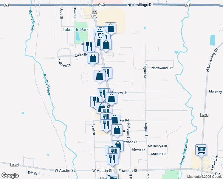 map of restaurants, bars, coffee shops, grocery stores, and more near 4002 North Street in Nacogdoches