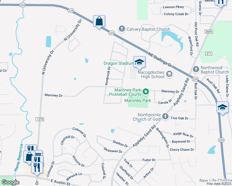 map of restaurants, bars, coffee shops, grocery stores, and more near 4101-4115 Ridgebrook Dr in Nacogdoches