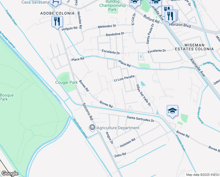 map of restaurants, bars, coffee shops, grocery stores, and more near 433 Lt Luis Peralta Road in El Paso