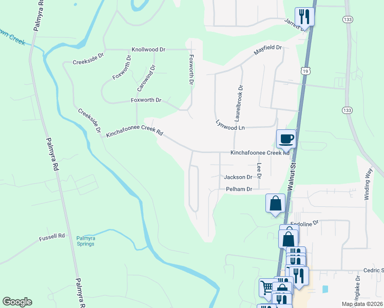 map of restaurants, bars, coffee shops, grocery stores, and more near 213 Kinchafoonee Road in Leesburg