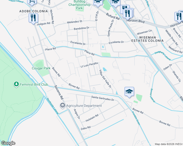 map of restaurants, bars, coffee shops, grocery stores, and more near 713 Lt Joe Magallanes Road in Socorro