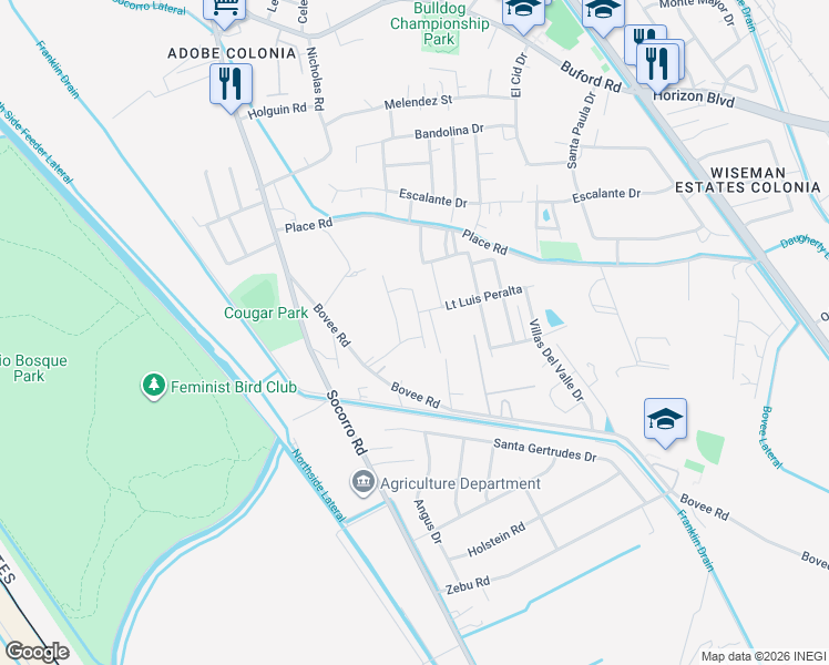 map of restaurants, bars, coffee shops, grocery stores, and more near 718 TS Daniel Cadena Dr in Socorro