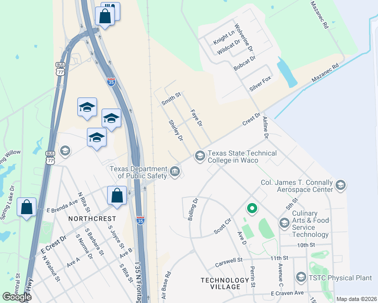 map of restaurants, bars, coffee shops, grocery stores, and more near 111 Shirley Drive in Waco