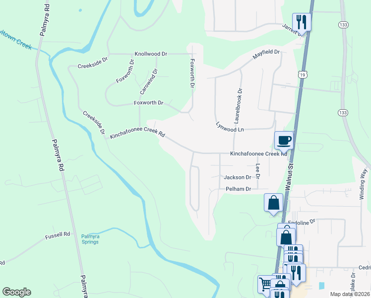 map of restaurants, bars, coffee shops, grocery stores, and more near 213 Kinchafoonee Road in Leesburg