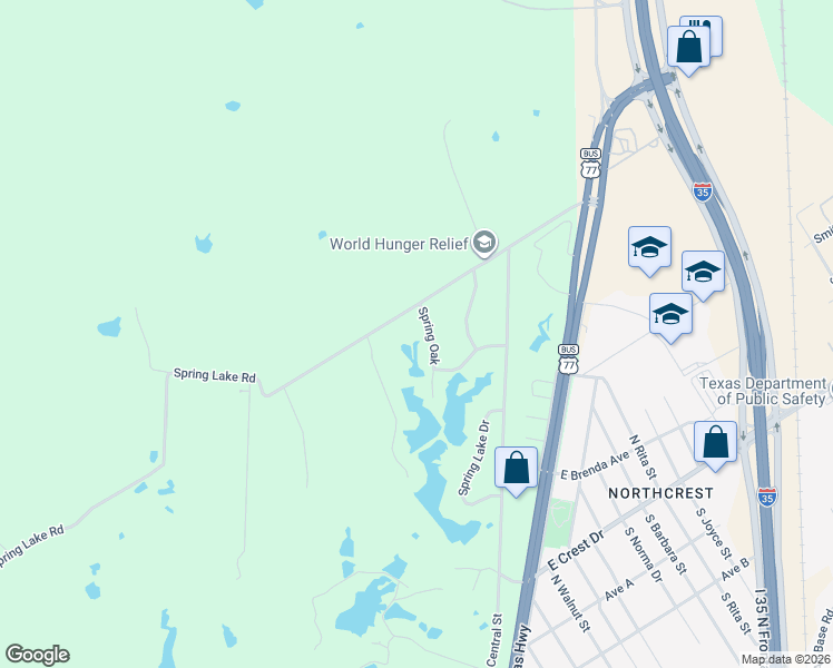 map of restaurants, bars, coffee shops, grocery stores, and more near 701 Spring Lake Road in Waco