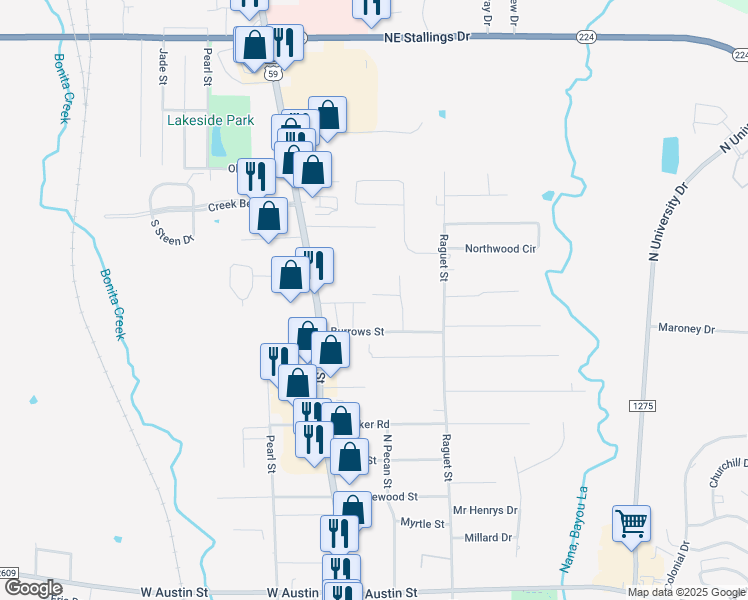 map of restaurants, bars, coffee shops, grocery stores, and more near 222 Rosa Lane in Nacogdoches