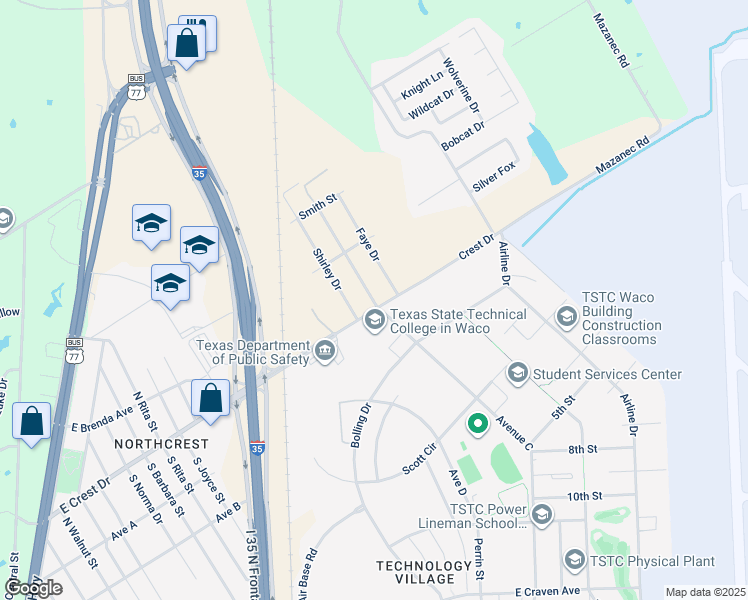map of restaurants, bars, coffee shops, grocery stores, and more near 1910 East Crest Drive in Waco