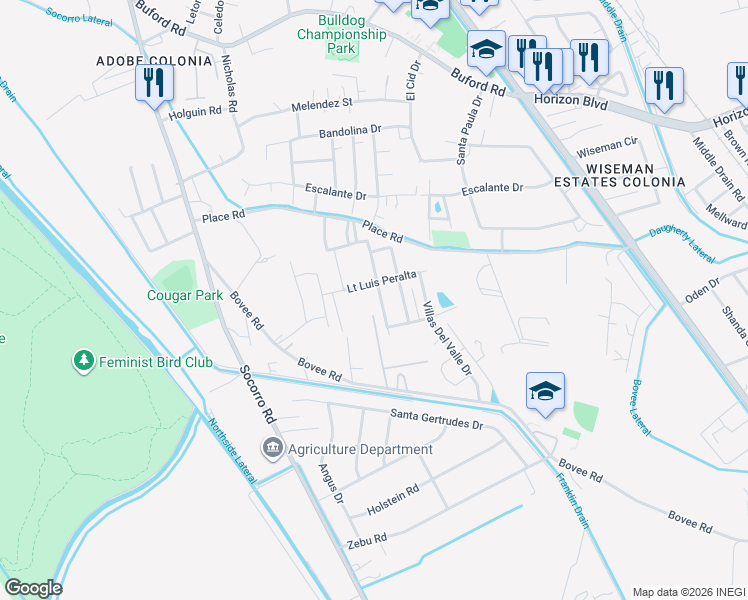 map of restaurants, bars, coffee shops, grocery stores, and more near 713 Lt Joe Magallanes Road in Socorro