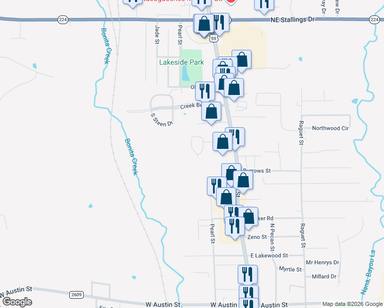 map of restaurants, bars, coffee shops, grocery stores, and more near 4115 Forest Lane in Nacogdoches