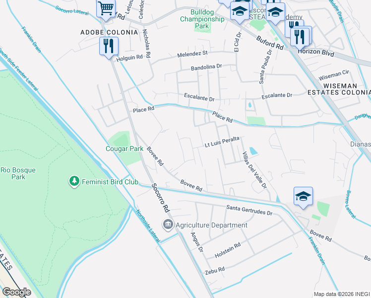 map of restaurants, bars, coffee shops, grocery stores, and more near 718 TS Daniel Cadena Dr in Socorro