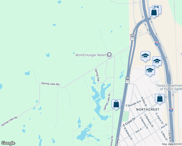 map of restaurants, bars, coffee shops, grocery stores, and more near 701 Spring Lake Road in Waco
