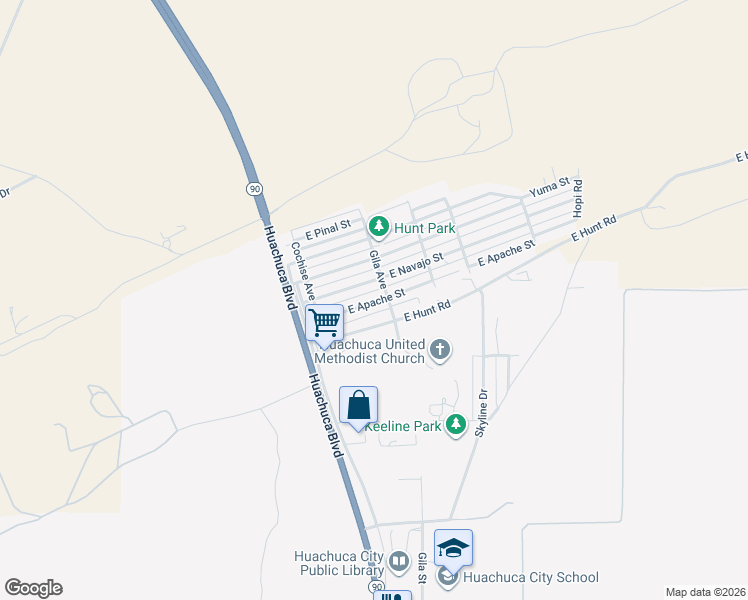map of restaurants, bars, coffee shops, grocery stores, and more near 123 Apache Street in Huachuca City