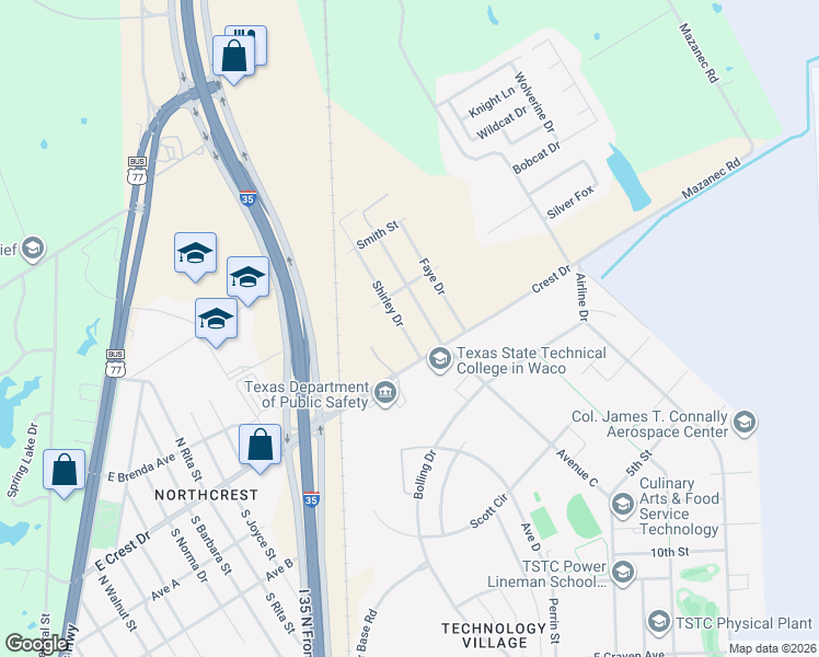 map of restaurants, bars, coffee shops, grocery stores, and more near 111 Shirley Drive in Waco