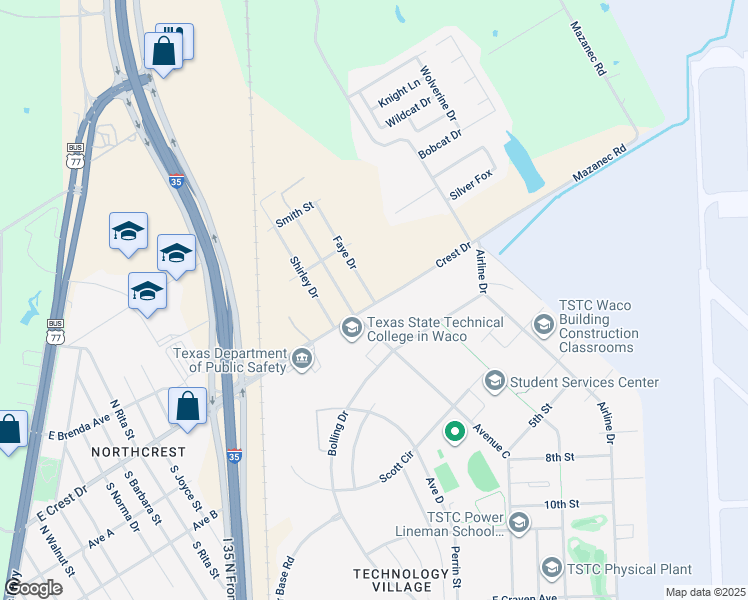 map of restaurants, bars, coffee shops, grocery stores, and more near 1910 East Crest Drive in Waco