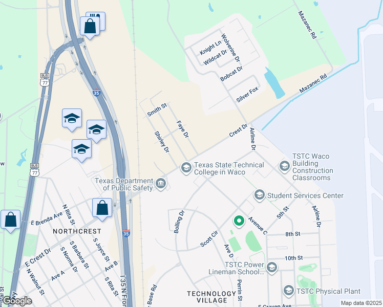 map of restaurants, bars, coffee shops, grocery stores, and more near 1910 East Crest Drive in Waco