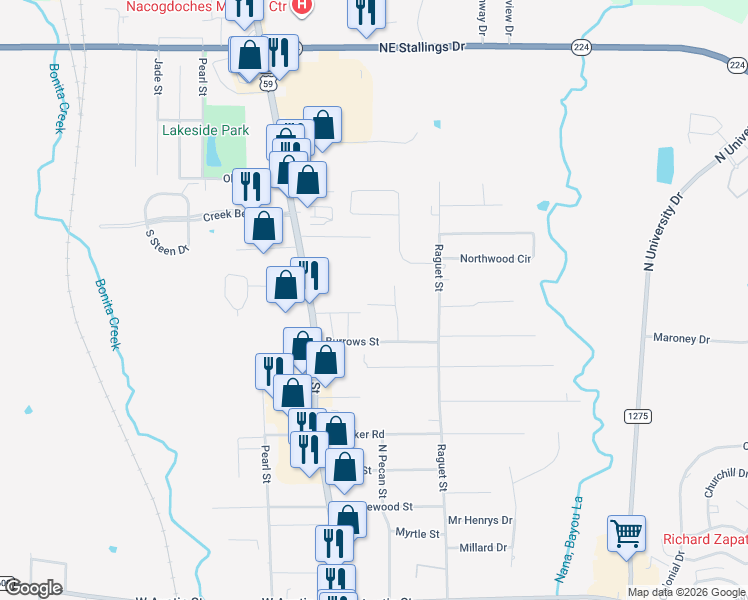 map of restaurants, bars, coffee shops, grocery stores, and more near 222 Rosa Lane in Nacogdoches
