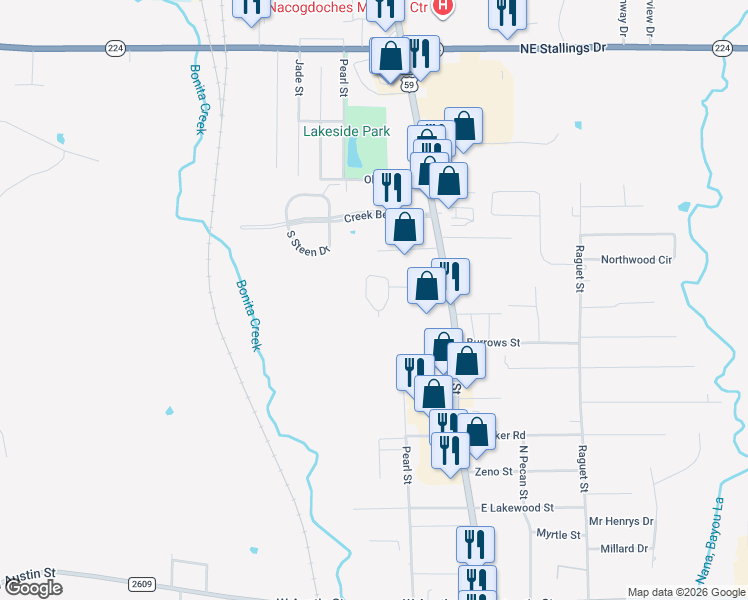 map of restaurants, bars, coffee shops, grocery stores, and more near 4115 Forest Lane in Nacogdoches