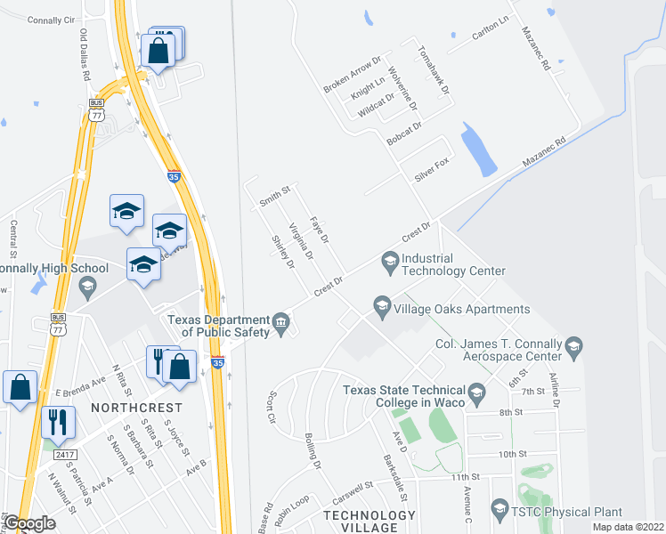map of restaurants, bars, coffee shops, grocery stores, and more near 1910 East Crest Drive in Waco