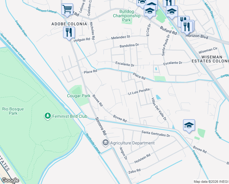 map of restaurants, bars, coffee shops, grocery stores, and more near 718 TS Daniel Cadena Dr in Socorro