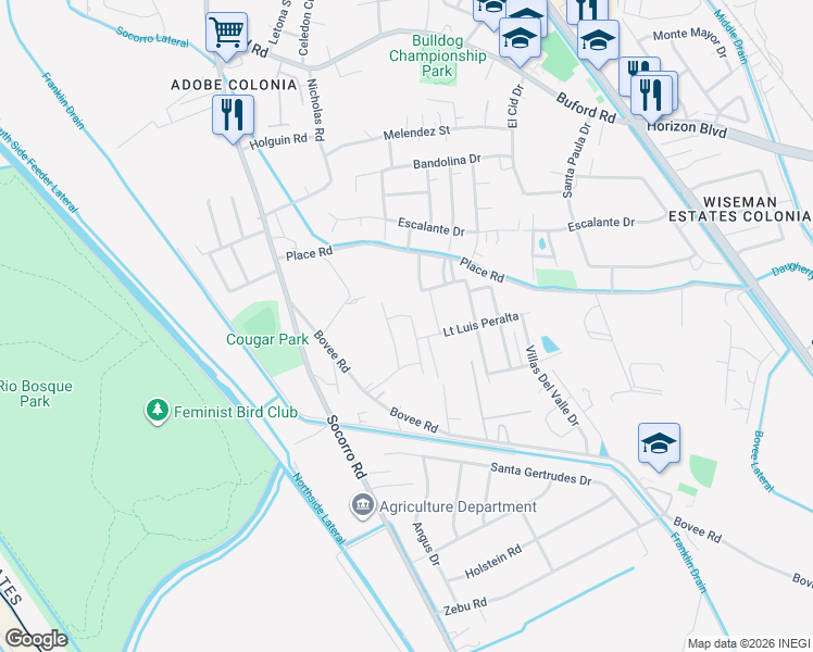 map of restaurants, bars, coffee shops, grocery stores, and more near 718 TS Daniel Cadena Dr in Socorro