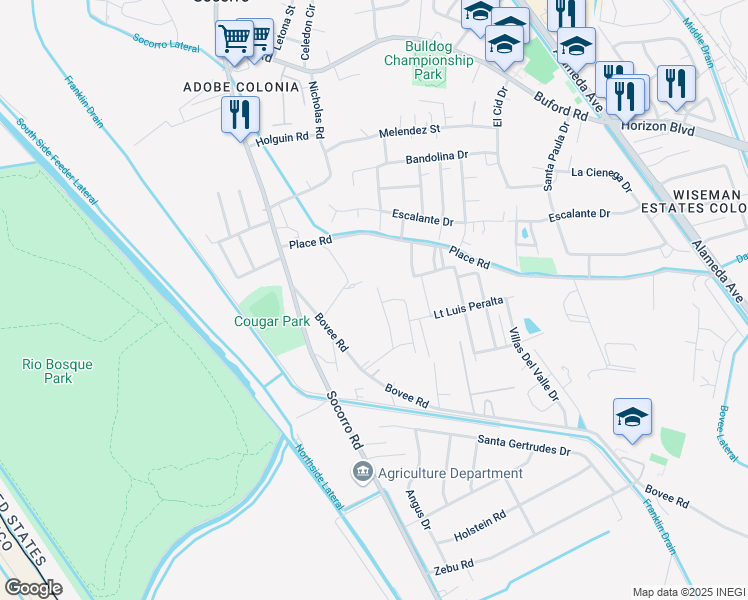 map of restaurants, bars, coffee shops, grocery stores, and more near 642 HC Gilbert Minjares Dr in Socorro