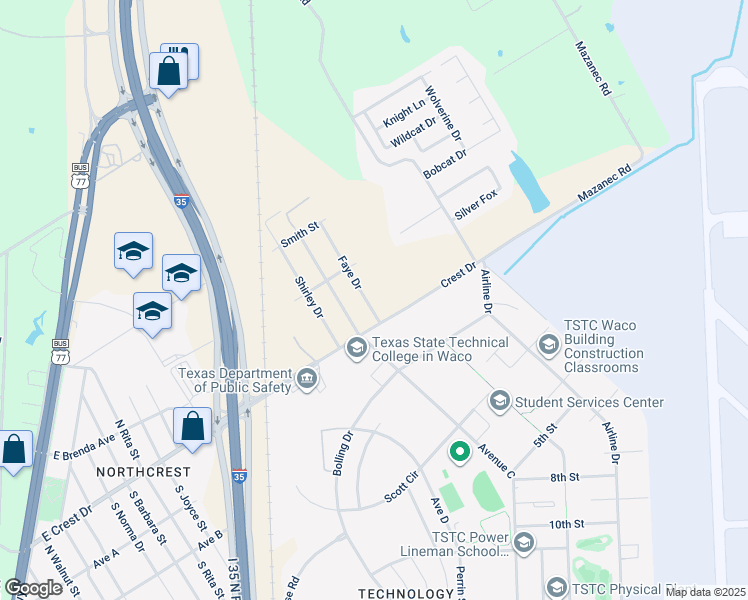 map of restaurants, bars, coffee shops, grocery stores, and more near 113 Faye Drive in Waco