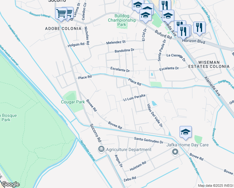 map of restaurants, bars, coffee shops, grocery stores, and more near 814 Villas del Sol Road in Socorro