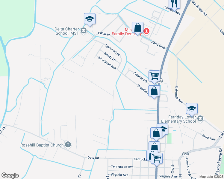 map of restaurants, bars, coffee shops, grocery stores, and more near 403 Smart Lane in Ferriday