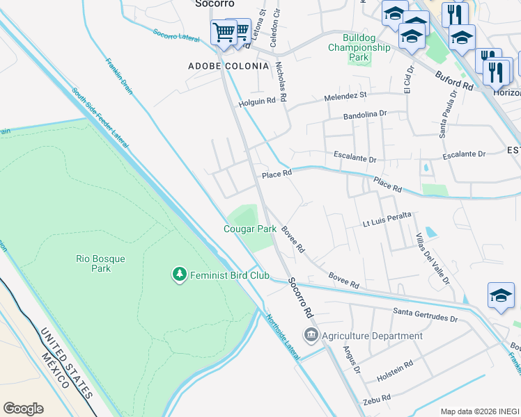 map of restaurants, bars, coffee shops, grocery stores, and more near 10548 Socorro Road in Socorro