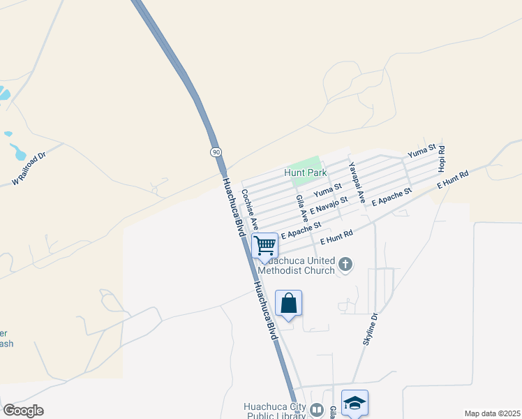 map of restaurants, bars, coffee shops, grocery stores, and more near 102 Pima Street in Huachuca City