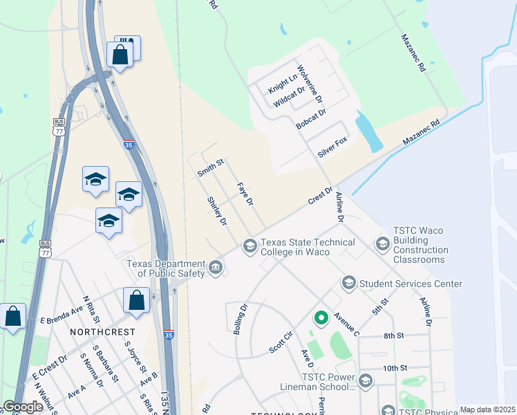 map of restaurants, bars, coffee shops, grocery stores, and more near 113 Faye Drive in Waco