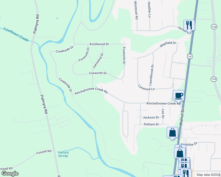 map of restaurants, bars, coffee shops, grocery stores, and more near 244 Kinchafoonee Creek Road in Leesburg